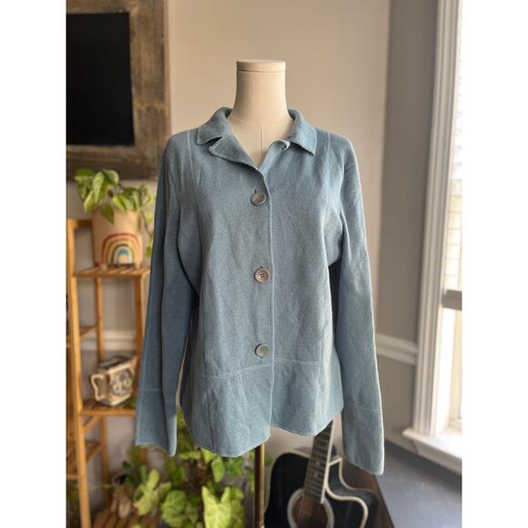 Vintage 90s Baby Blue Merino Wool Polo Cardigan Sweater Size Large - Picture 1 of 7